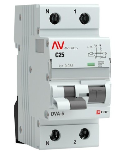DVA-6 1P+N 25А (C) 30мА (AC) 6кА  AVERES (rcbo6-1pn-25C-30-ac-av). Автоматический выключатель дифференциального тока. EKF в Березниках