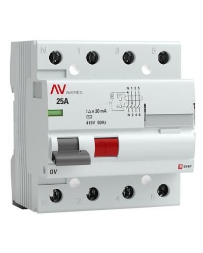 DV 4P 25А/ 30мА (AC)  AVERES (rccb-4-25-30-ac-av). Выключатели дифференциального тока (УЗО). EKF в Березниках