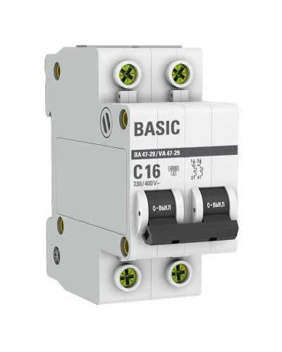 Автоматический выключатель 2P 16А (C) 4,5кА ВА 47-29 Basic (mcb4729-2-16C). Автоматический выключатель. EKF в Березниках