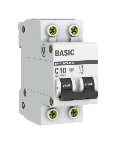 Автоматический выключатель 2P 10А (C) 4,5кА ВА 47-29 Basic (mcb4729-2-10C). Автоматический выключатель. EKF в Березниках